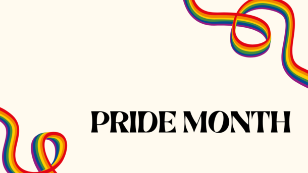 Zwei Regenbogen Spiralen umranden das Bild mit dem Text "Pride Month"