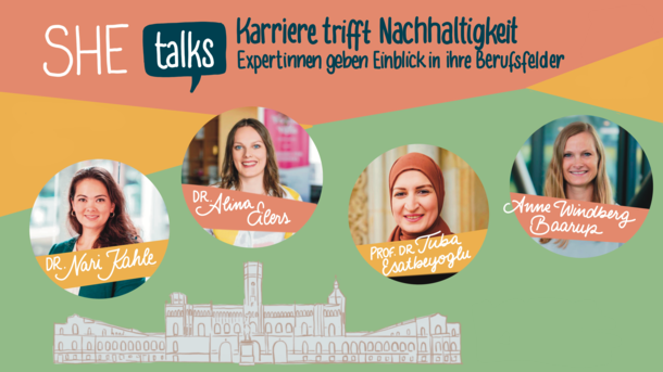 "SHE talks" Flyer mit den vier Portraitbildern der Expertinnen